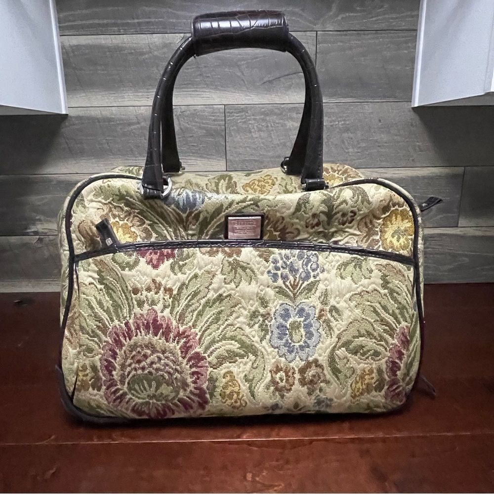 Vintage Liz Claiborne Tapestry Overnight Carryon Bag Cream Green Wine Blue